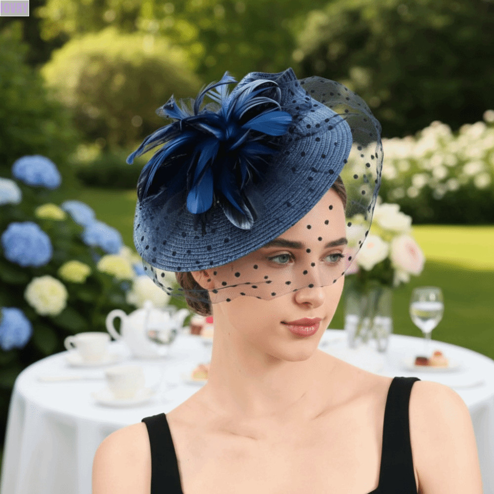 ชิ้นหัวดาร์บี้ IVORY, การออกแบบวินเทจ Polka Dot Fascinator หมวก, ที่คาดผมเจ้าสาวลูกไม้ดอกไม้สุทธิตาข่าย Soft Feather Party Hairwear Retro สุภาพสตรี