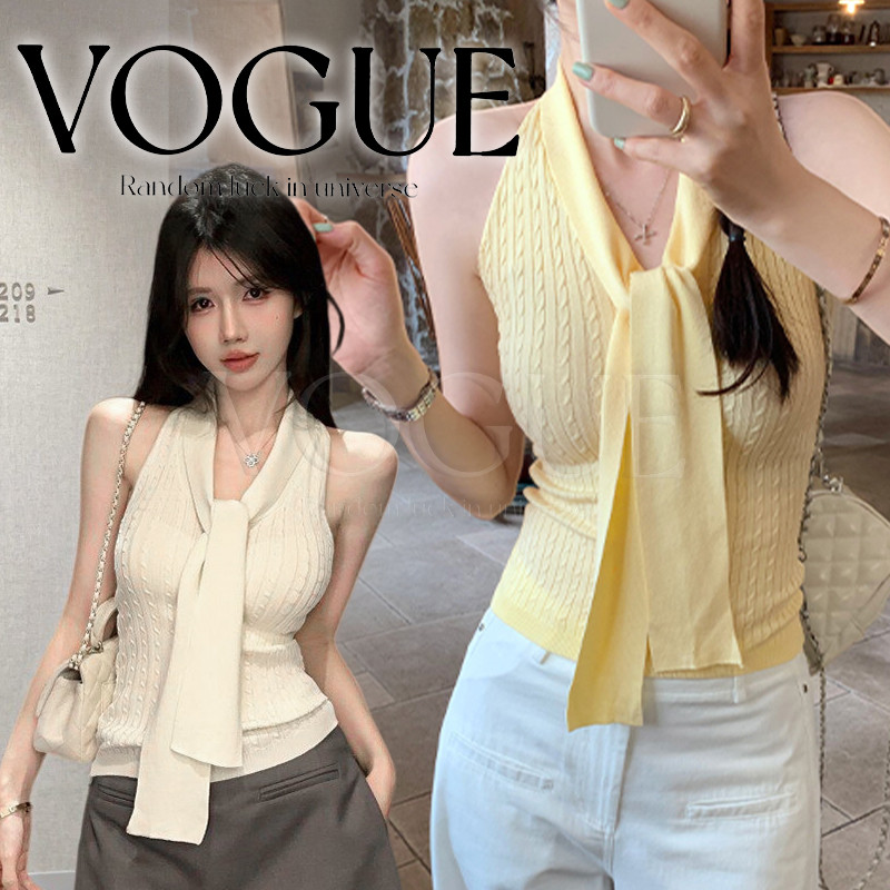 Vogue พร้อมส่ง เสื้อไหมพรมแขนกุด ดีไซน์ผ้าเน็กไทยืดตามตัว สไตล์เกาลีใส่สบาย (B091)