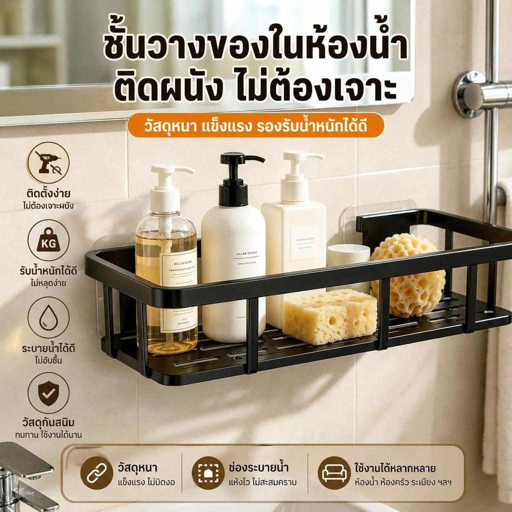 ชั้นวางของในห้องน้ำ ติดผนังไม่ต้องเจาะ กันน้ำ กันชื้น ไม่เป็นสนิม วางแชมพู เครื่องสำอาง รับน้ำหนักดี ประหยัดพื้นที่