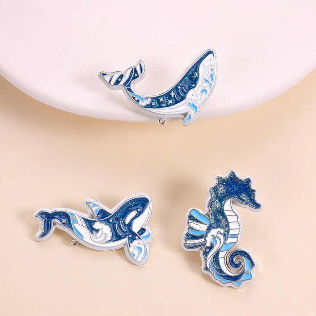 Glitter Star Ocean Whale Seahorse เข็มกลัดเคลือบสัตว์ทะเลโลหะ Pin Badge สําหรับเสื้อผ้ากระเป๋า Sea Lover ปัจจุบัน