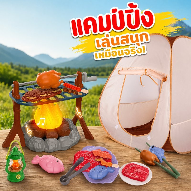 ของเล่นบาร์บีคิวเด็ก ชุดปิ้งย่างจำลอง ของเล่นแคมป์ปิ้ง เต็นท์ ครัวจำลอง อาหารจำลอง บทบาทสมมติ