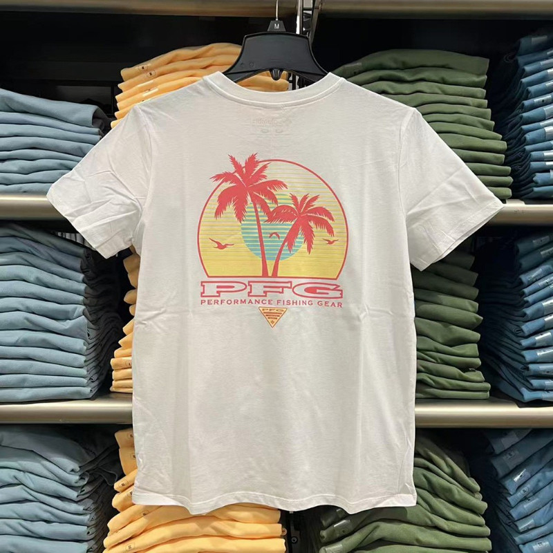พร้อมสต็อก โคลัมเบีย PFG ผู้ชายและผู้หญิงแฟชั่นลําลองกลับพิมพ์สบายรอบคอ 100% พรีเมี่ยมผ้าฝ้ายแขนสั้น