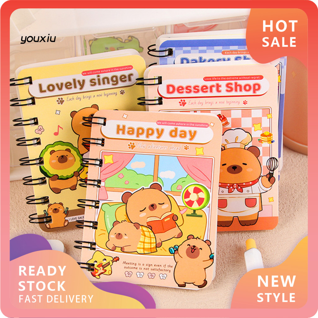 YX Kawaii Notebook A7 Mini Notebook 2 ชิ้นน่ารัก Capybara Mini Spiral Notebooks A7 3.2x4.1 นิ้วแบบพก