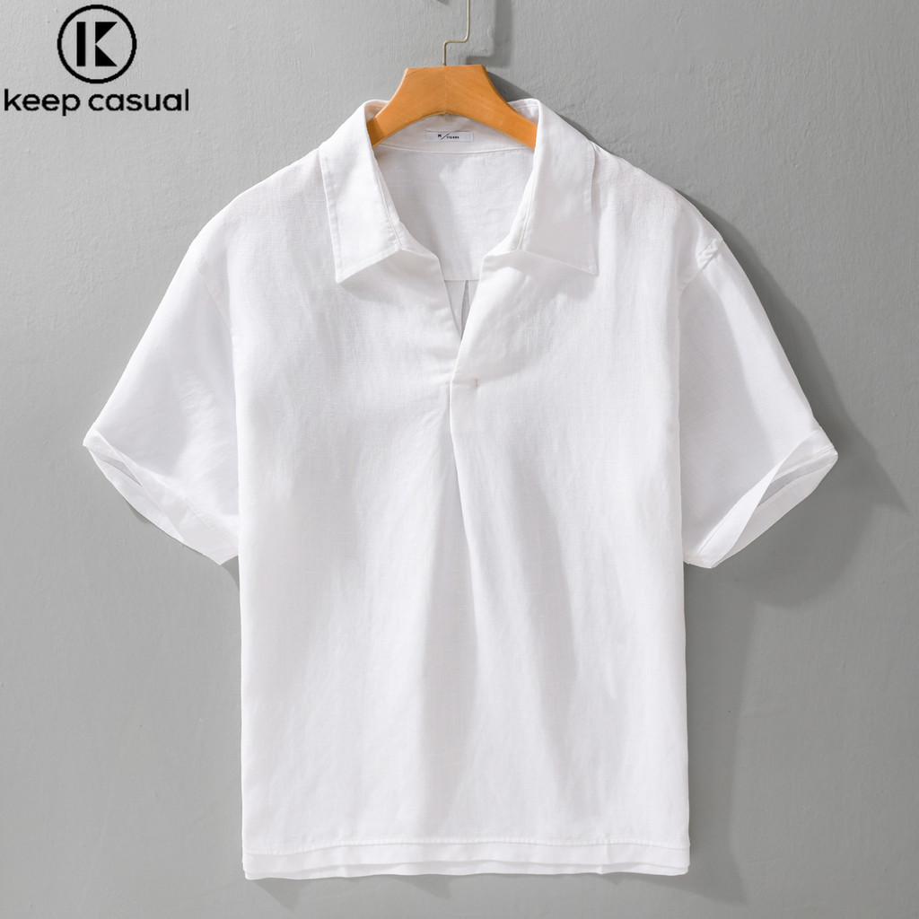 {เก็บ } Old Money Style Tencel Linen เสื้อเชิ้ตแขนสั้นผู้ชายปกเสื้อโปโลผู้ชายลําลองเสื้อเชิ้ตผู้ชาย