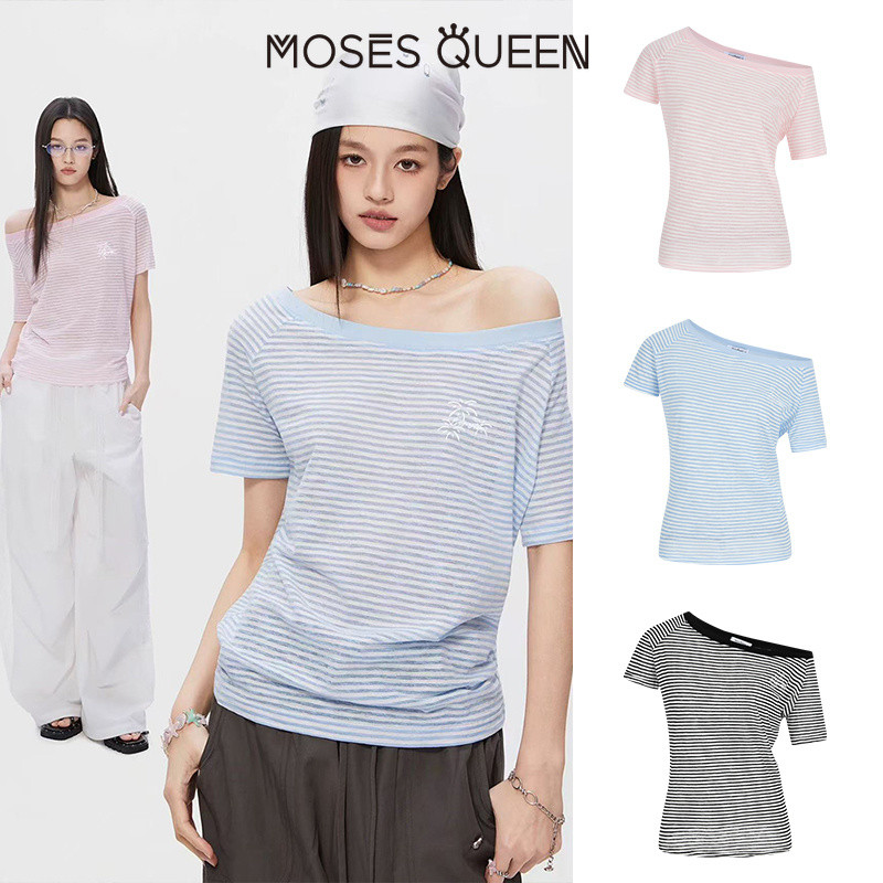MOSESQUEEN มอสเนสควีน เสื้อยืดแขนสั้นฤดูร้อนสไตล์อ่อนของผู้หญิงลายทางคอวีลําลองและเรียบง่ายไหล่เดียวเสื้อแขนกุด #63828