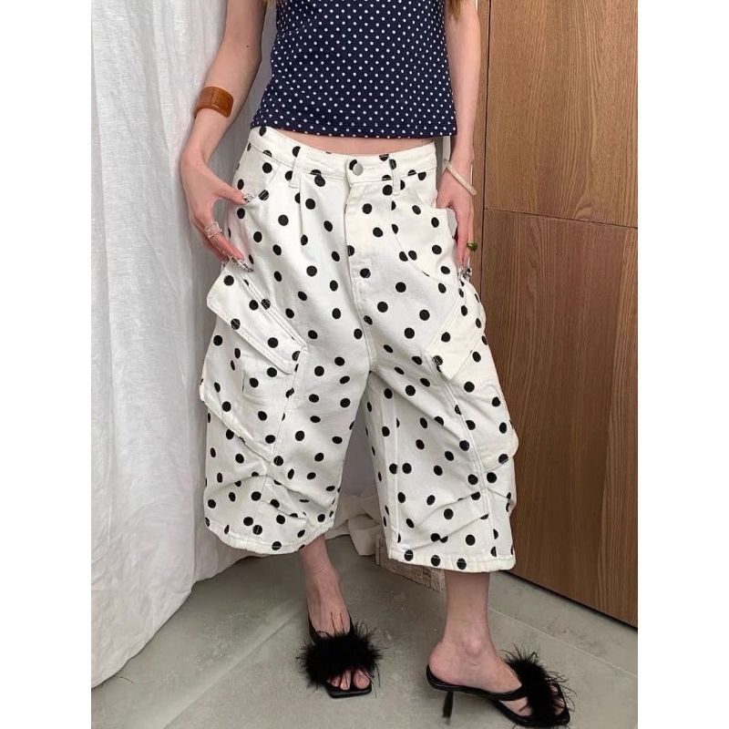 [ส่วนลด 50% ขายร้อน] American Retro Polka Dot Design Feel Cropped Jeans Women Summer Loose Slimmer Look