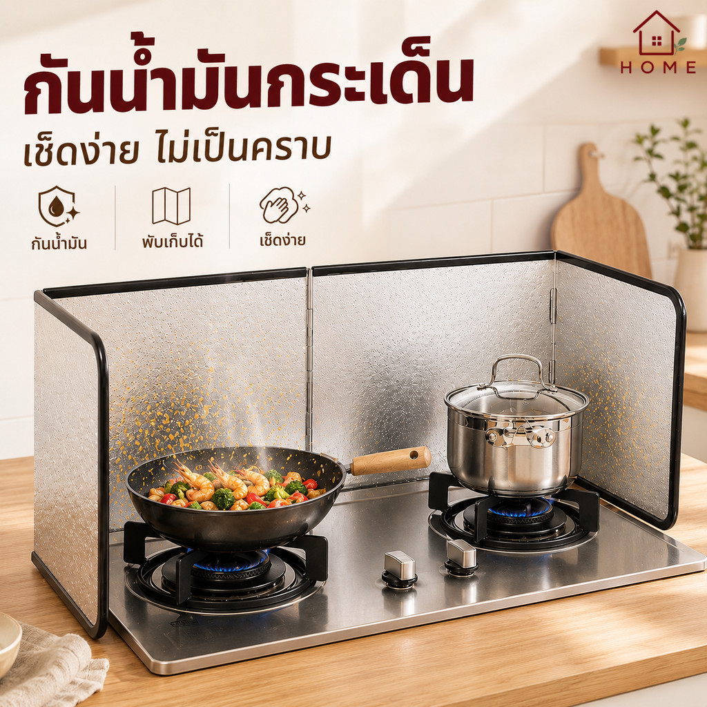 Home007 ฉากกั้นน้ำมัน กันน้ำมันกระเด็น 100% แผ่นกั้นเตา พับได้ อลูมิเนียม เช็ดง่าย มี 2 ขนาด Oil Splash Guard