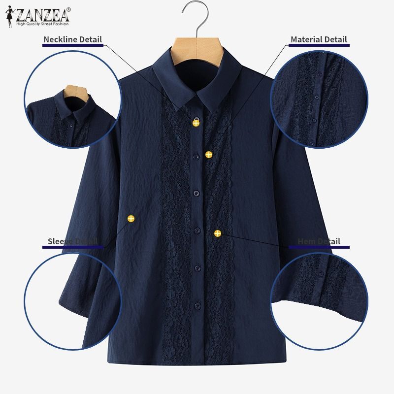 ZANZEA ผู้หญิงเกาหลี Elegant Chic Turn-Down-Collar 3/4 แขนลูกไม้ Splicing ปุ่มลงเสื้อ — صورة 7
