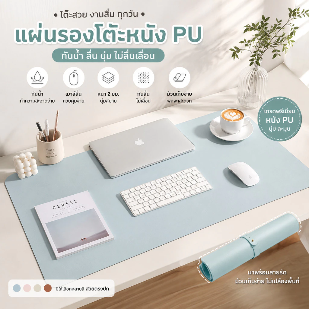 แผ่นรองโต๊ะหนัง PU กันน้ำ แผ่นรองเมาส์กันลื่น ขนาดใหญ่ ลื่นนุ่ม ทำความสะอาดง่าย สำหรับโต๊ะทำงานและโต๊ะคอม ✨