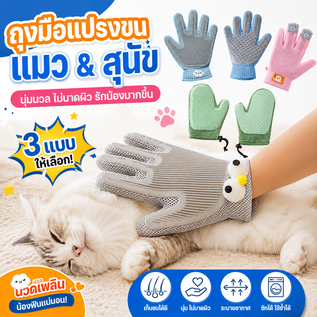🐶COD😺รุ่นอัพเกรดใหม่ ถุงมือแปรงขนแมว ถุงมือแปรงขน สุนัข แปรงเก็บขนแมว การใช้งานสองด้าน