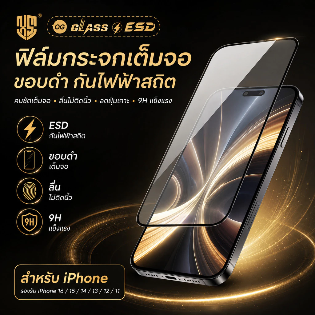 ฟิล์มกระจกสำหรับiPhoneแบบเต็มจอจอโค้ง ป้องกันไฟฟ้าสถ OG 15Promax/14PROMAX/13PROMAX/14/13 Pro/12 Pro Max/12/11/XR/7P