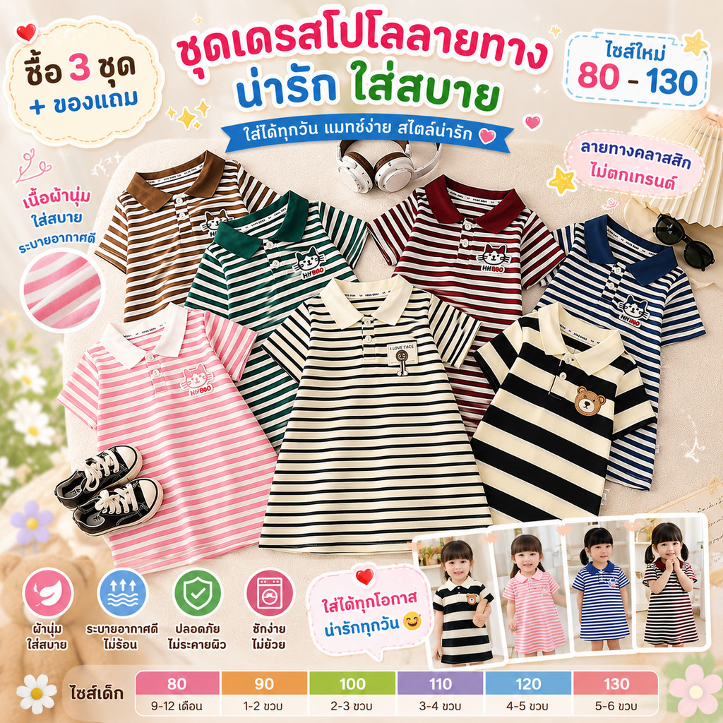 ชุดเดรสโปโลเด็กผู้หญิงลายทาง สไตล์วินเทจเจ้าหญิง ทรงหลวม สำหรับในหน้าร้อน