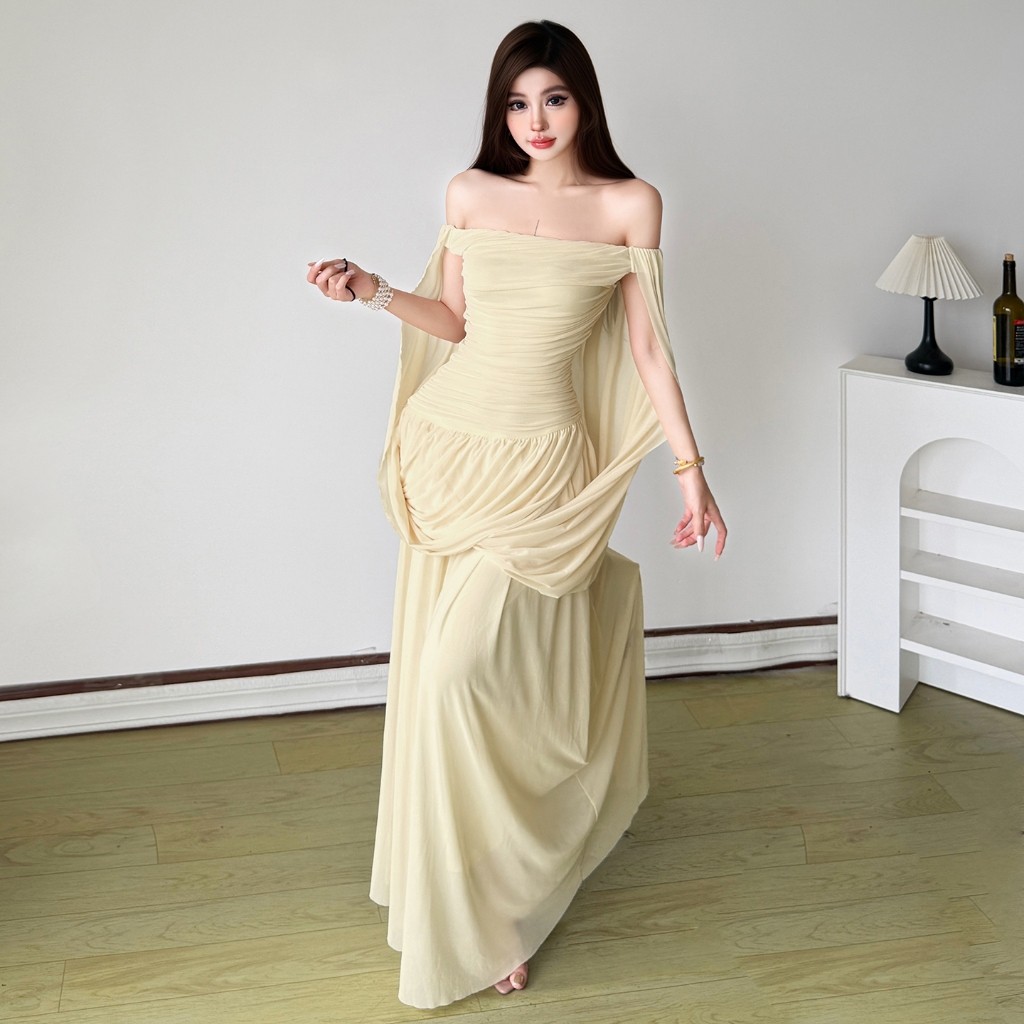 แปลก Puss Gentle Slash-คอ Slim Maxi ชุดรูปเอวดู Slimmer ผู้หญิงฤดูร้อนภาษาฝรั่งเศสคํา Elegant สไตล์