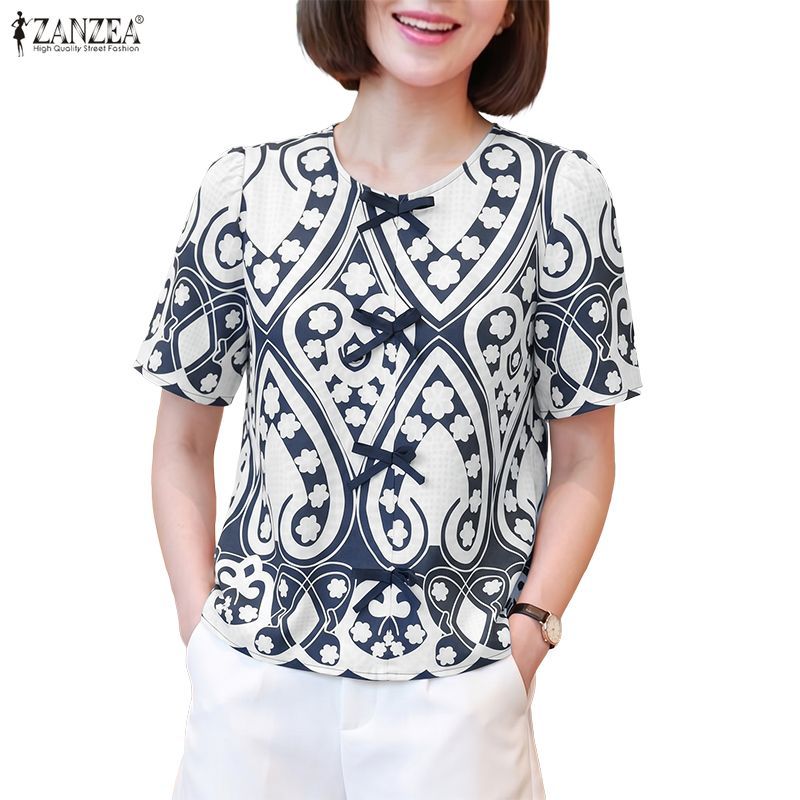 ZANZEA ซานเซีย เสื้อสตรีเกาหลีลําลองลูกไม้/ตาข่ายรอบคอแขนสั้นพิมพ์เสื้อ ชม.-เส้น