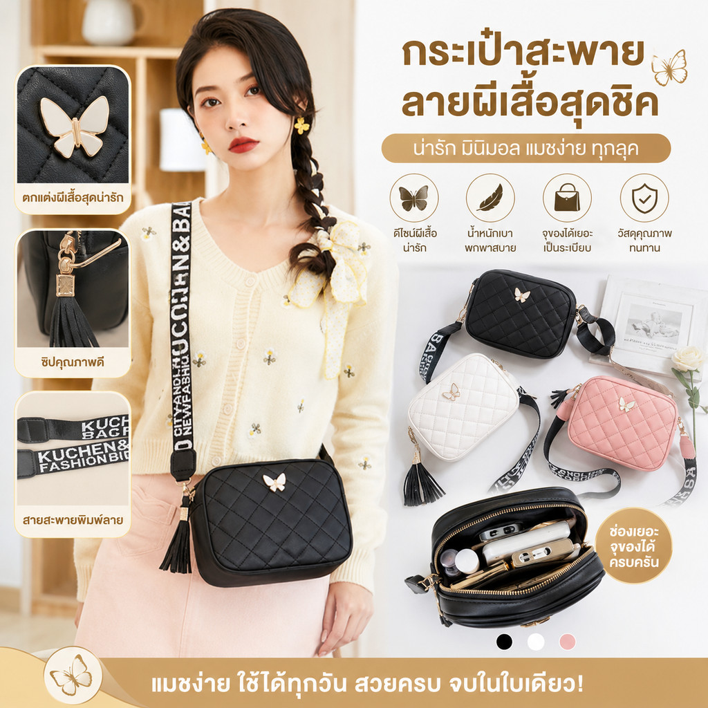 กระเป๋าสะพายข้างหนังสไตล์เกาหลี ปักลายผีเสื้อ ดีไซน์เรียบง่าย ทันสมัย