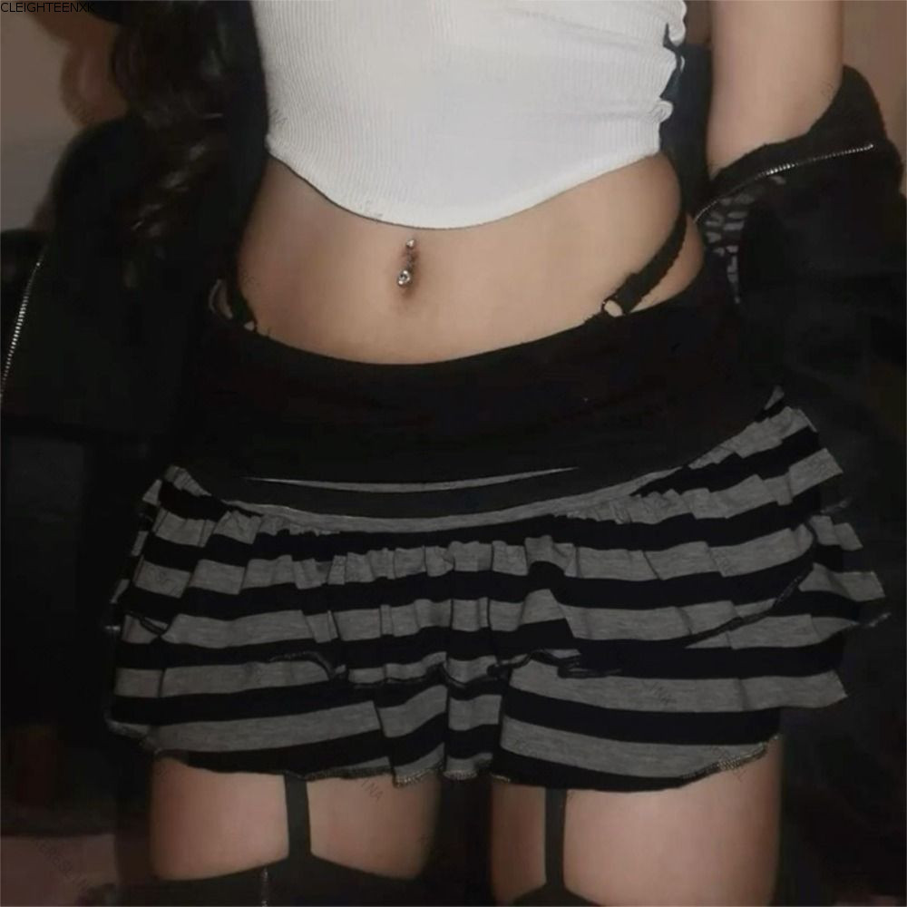 CLEIGHTEEN8H Y2K กระโปรงมินิ, รัดรูปพอดี Ruffle Grunge กระโปรงมินิ, สีดําและสีเทาเอวยางยืดลายกระโปรง