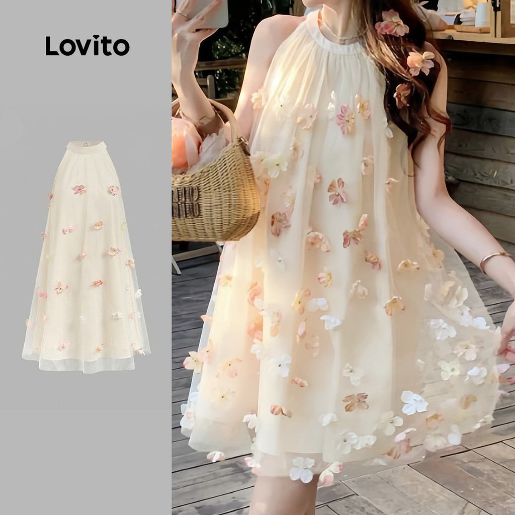 Lovito เดรสผ้าลินินเนื้อดี สไตล์รีสอร์ทสุดหรู ใส่สบาย เหมาะสําหรับฤดูใบไม้ผลิ/ฤดูร้อน เดรสสีคากีอ่อนสําหรับผู้หญิง LK4ED1820