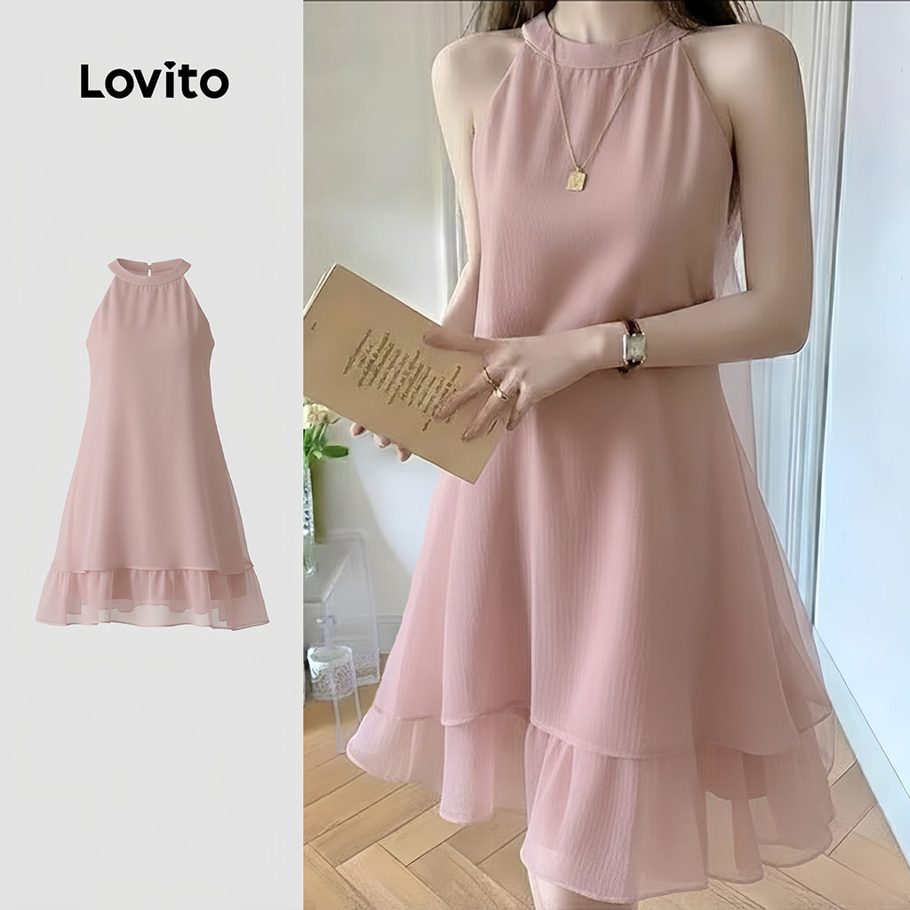 Lovito ชุดเดรสสีชมพูสําหรับฤดูร้อน/ฤดูใบไม้ผลิแบบลําลอง สองชั้น ซิปคู่ประณีต LK5ED149