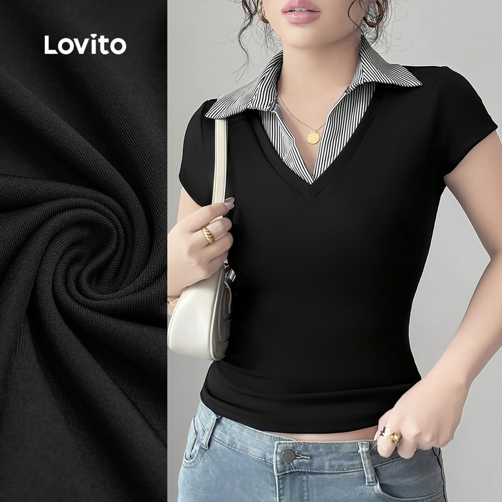 Lovito สง่างาม เสื้อยืดคอคอนทราสต์ แขนยาว สําหรับฤดูใบไม้ผลิ/ฤดูร้อน L155ED843