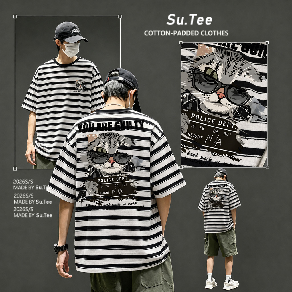 🌷Su.Tee🌷 เสื้อยืดลายทาง แบบหลวม ยอดนิยม แมทช์ลุคง่าย สินค้าใหม่! "You are Guilty" เสื้อยืดลาย【COD】📦