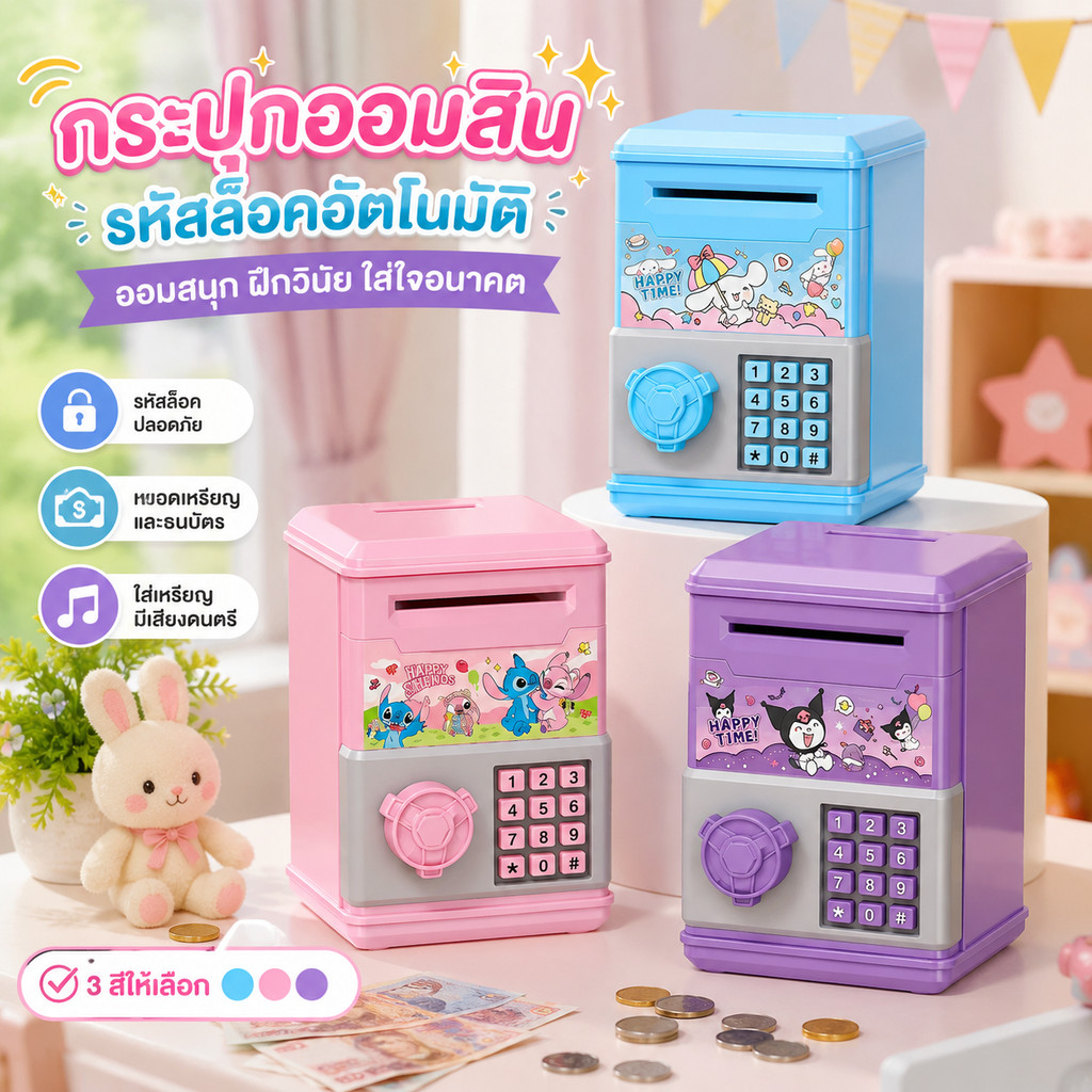 กระปุกออมสิน ใส่เหรียญและธนบัตรได้ มีปุ่มกดจำลอง พร้อมรหัสผ่าน เหมาะเป็นของขวัญเด็ก