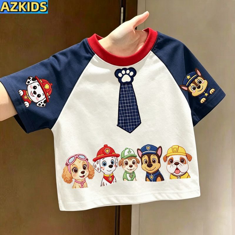 paw patrol ทีมเด็กผ้าฝ้ายแท้แขนสั้นเสื้อยืดกลางเด็กเล็กฤดูร้อนใหม่การ์ตูน