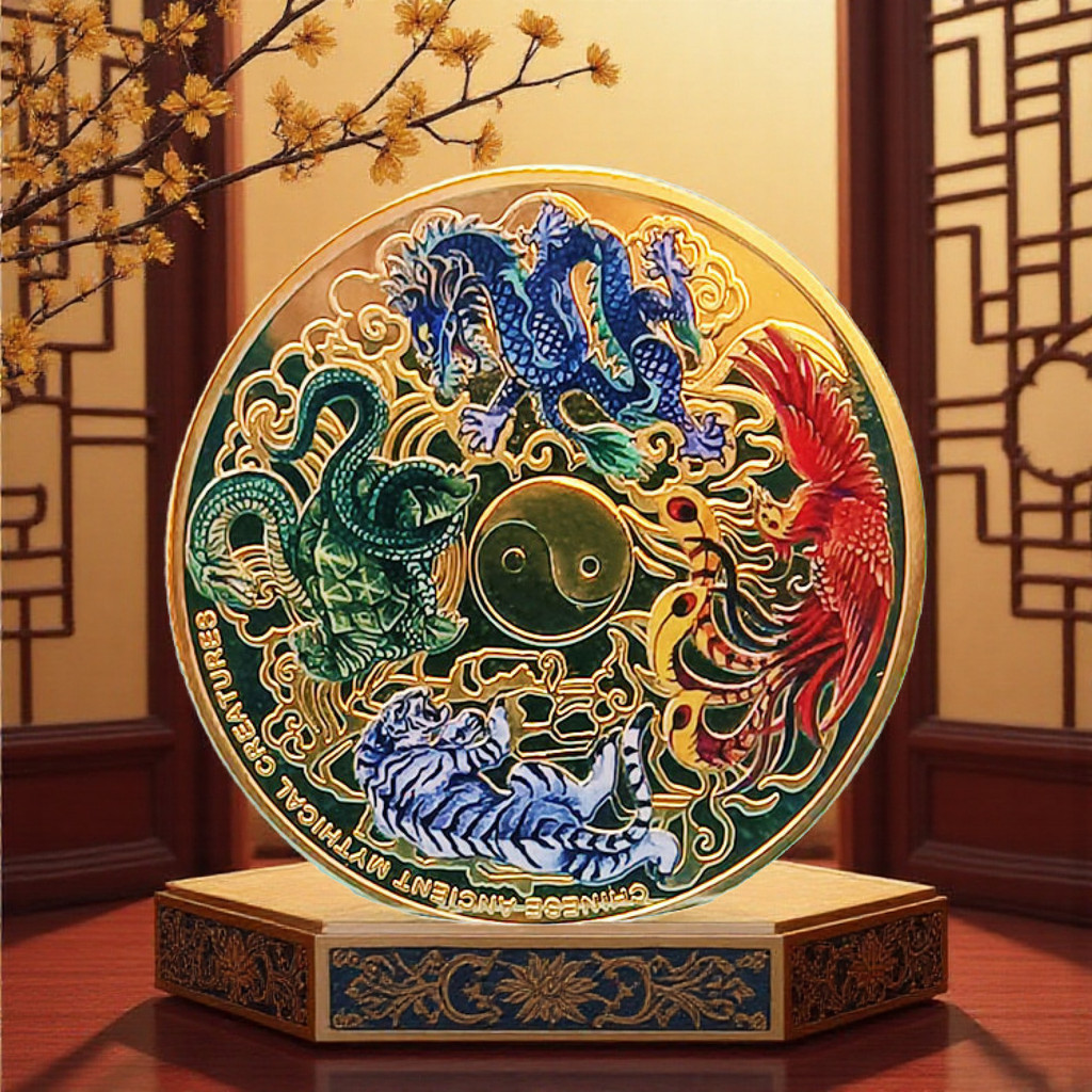 Four Divine Beasts 3D สีพิมพ์นูนเหรียญโลหะเหรียญที่ระลึกคุณภาพสูง