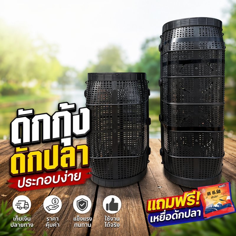 ลอบดักปลา ดักกุ้ง ดักปู กรงดักปลา 8 รู พับเก็บง่าย พลาสติก PP ทนทาน ใช้งานกลางแจ้ง พกพาสะดวก