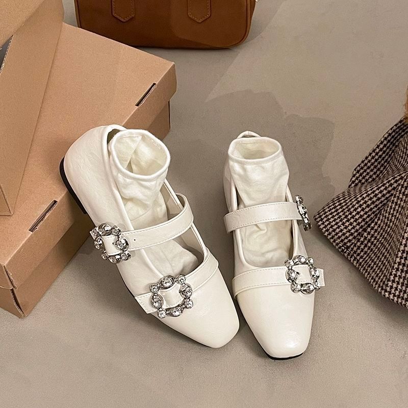 French Rhinestone Mary Jane Single Shoe รองเท้าหนังส้นเตี้ยใหม่ของผู้หญิง
