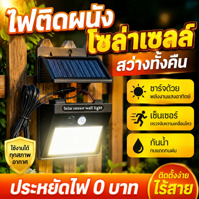 COD โคมไฟติดผนังโซล่าเซลล์ ไฟติดผนังพลังงานแสงอาทิตย์ 64LED เซ็นเซอร์ กันน้ำ ไฟสวน ไฟหน้าบ้าน