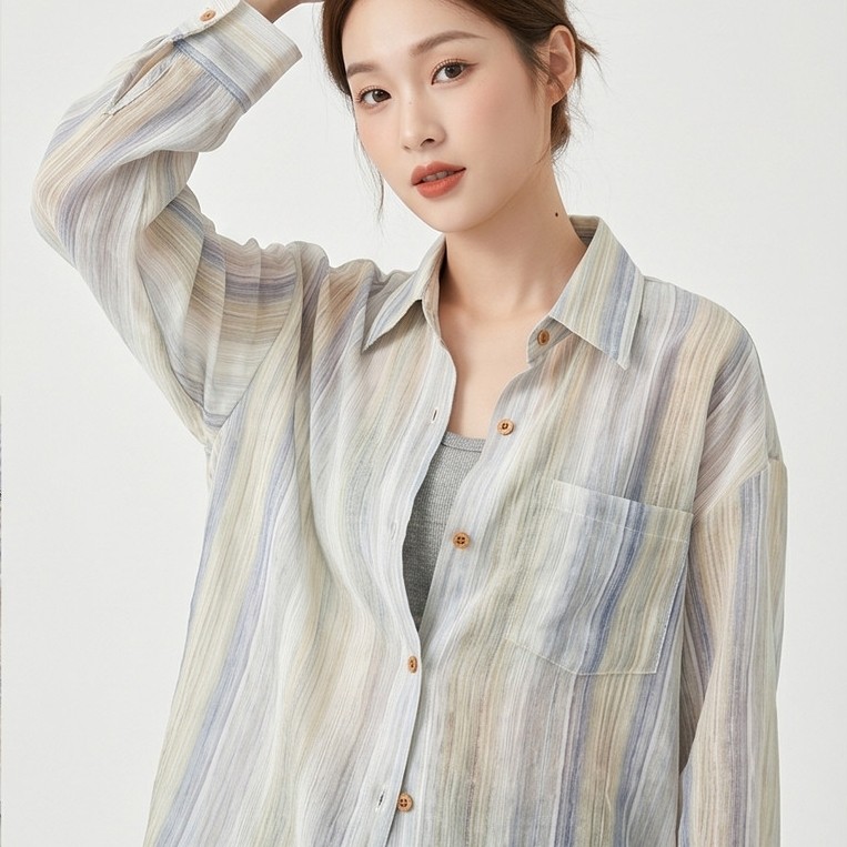 [พร้อมส่ง]✨ PKB2006 เสื้อเชิ้ตลายทางผู้หญิง คอปกแขนยาว ทรงหลวม เนื้อผ้านิ่ม ฟรีไซส์ อก 46 เสื้อน่ารั