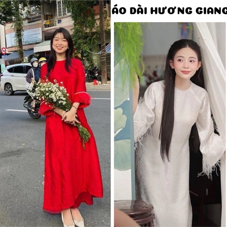 Z59 - โมเดลโบรเคด ao dai ใหม่ล่าสุดสองสี แดงขาว - Huong Giang Ao Dai - Van hoa จมอยู่ใต้น้ํา