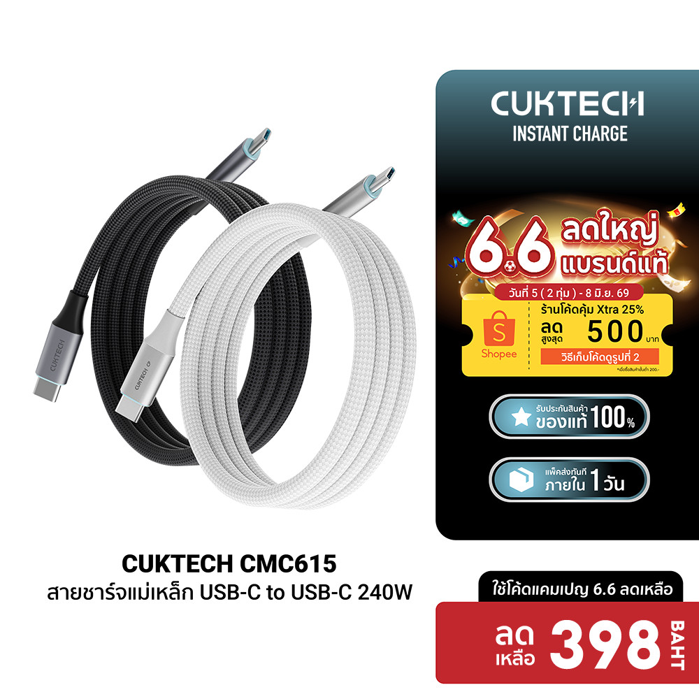 [ลดเหลือ 398] CUKTECH CMC615 6A 240W สายชาร์จ Type C to C ยาว 1.5 เมตร รองรับชาร์จไว PD 3.1 iPhone 17 / SAMSUNG -2Y