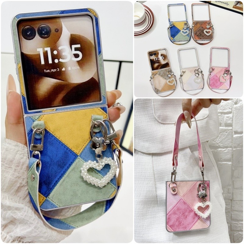 Retro Contrast สี Lingge หนังเคสโทรศัพท์พร้อมสร้อยข้อมือ Motorola Razr 70 60 50 Ultra 60 Pro เคสกันก