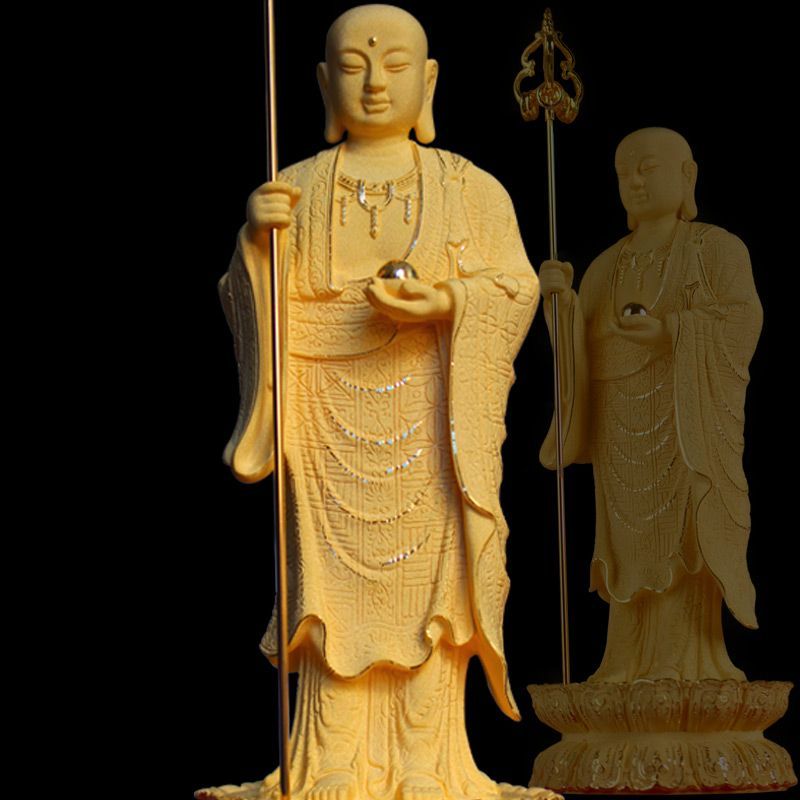กํามะหยี่ทรายทอง Ksitigarbha พระโพธิสัตว์พระพุทธรูปรูปปั้นของ King รถตกแต่งครอบครัวบูชาปลอดภัยพระพุท