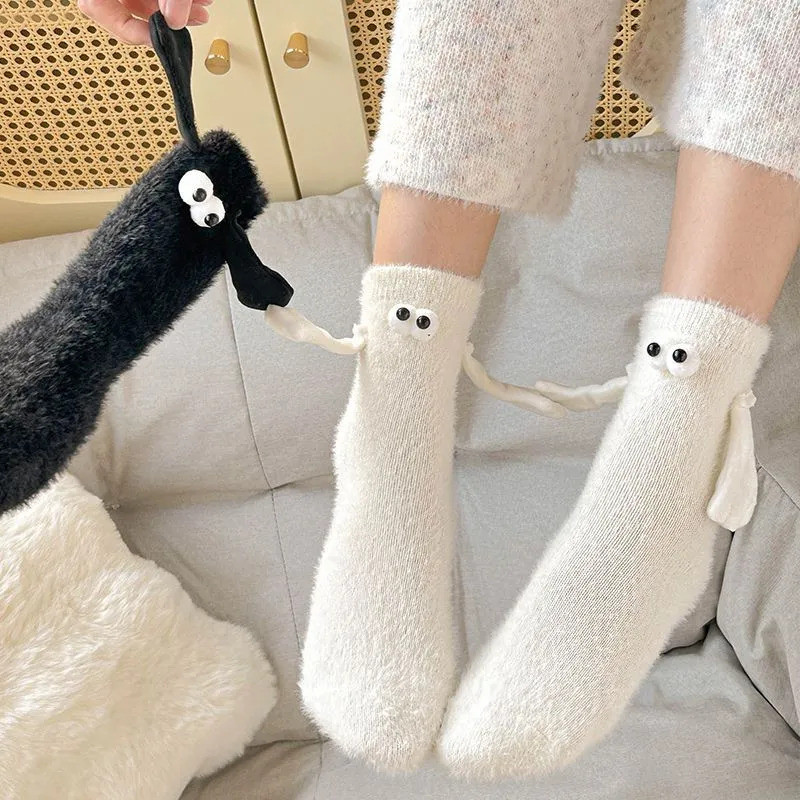Mink Fleece Couple Holding Hand Socks Season Magnetic Cute Funny Mid-Tube Socks Warm Sleeping Couple