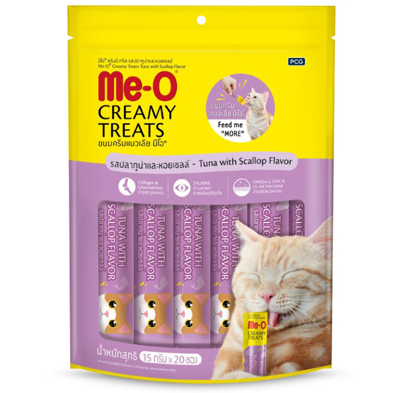 มีโอครีมมี่ทรีตขนมแมวเลียรสปลาทูน่าและหอยเชลล์ 15ก แพค 20 MeO CremmyTuna Scallop 15g X20 [8850477023147 ]