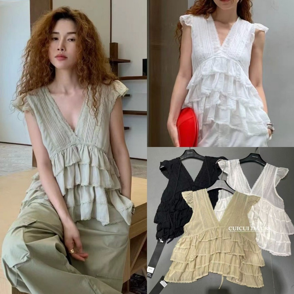 ❤ 🧵 🇰🇷 C90529 เสื้อแขนกุด คอวี แต่งผ้าลูกไม้ช่วงขอบเล็กๆ ตัวเสื้อแต่งระบายเป้นชั้นๆ แฟชั่นเกาหลี TAG CUI  🧡