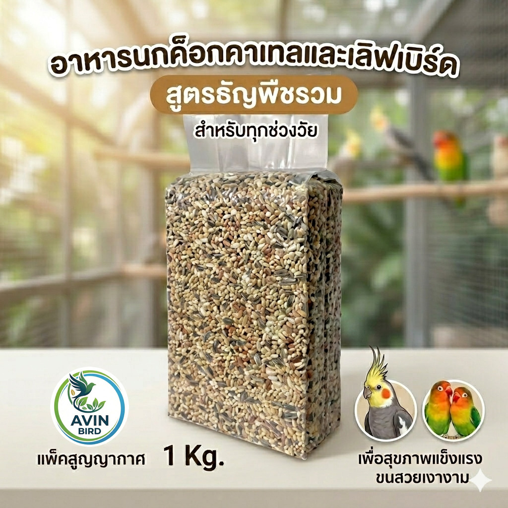 Avin อาหารนกเลิฟเบิร์ด & ค็อกคาเทล ธัญพืชรวม สูตร สำหรับทุกช่วงวัย แพ็คสูญญากาศ 1 Kg.