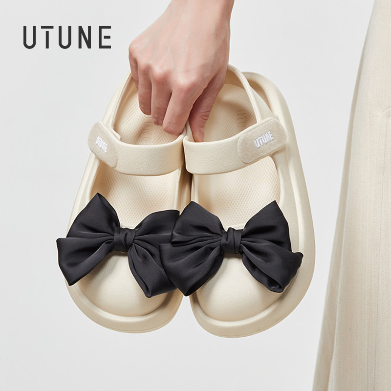 WB3 UTUNE รองเท้าแตะผู้หญิง Mary Jane - โบว์สีดํา พื้นรองเท้า EVA - Casual & Cute Beachwear