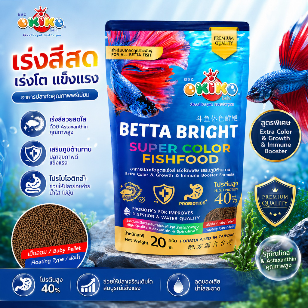 อาหารปลากัด โปรตีน40% Okiko เร่งสี เร่งโตเสริมภูมิต้านทาน