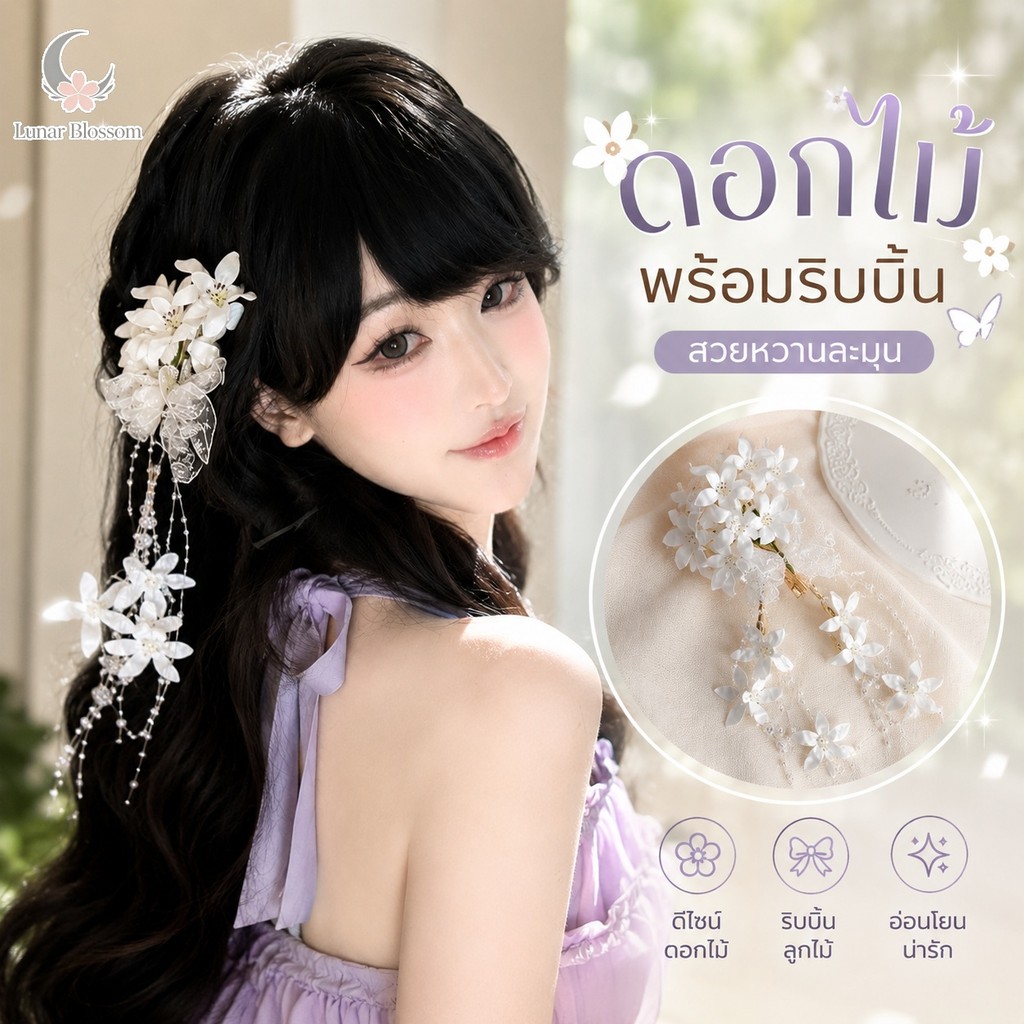 Lunar Blossom ขาว/ชมพู พู่ดอกไม้ กิ๊บติดผม สไตล์หวานๆ เครื่องประดับผม ลูกไม้ริบบิ้น ราคาไม่แพง ส่งไวจากไทย