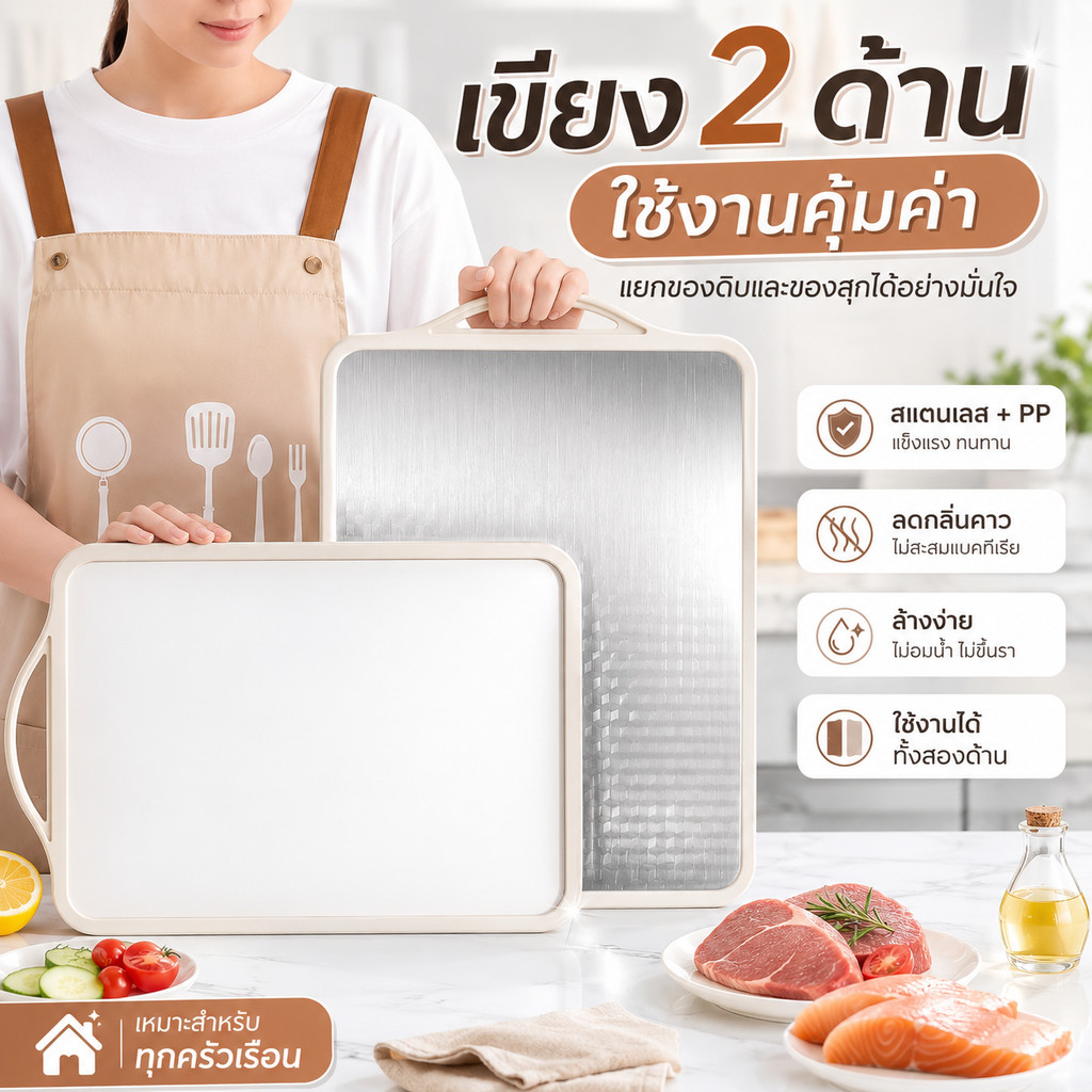 เขียงสแตนเลสกันแบคทีเรีย กันเชื้อรา ใช้ได้สองด้าน ทำจาก PP และสแตนเลส สำหรับใช้ในครัว เหมาะกับผัก ผลไม้