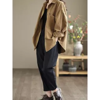 MIMI[สินค้าพร้อมส่ง]เสื้อเชิ้ตป้ายตัด,เสื้อเชิ้ตแขนยาวผ้าลูกฟูกสิ่งทอลายทแยงหลวมสวมใส่สบาย,ลำลองผู้หญิง,พลัสไซส์#99469