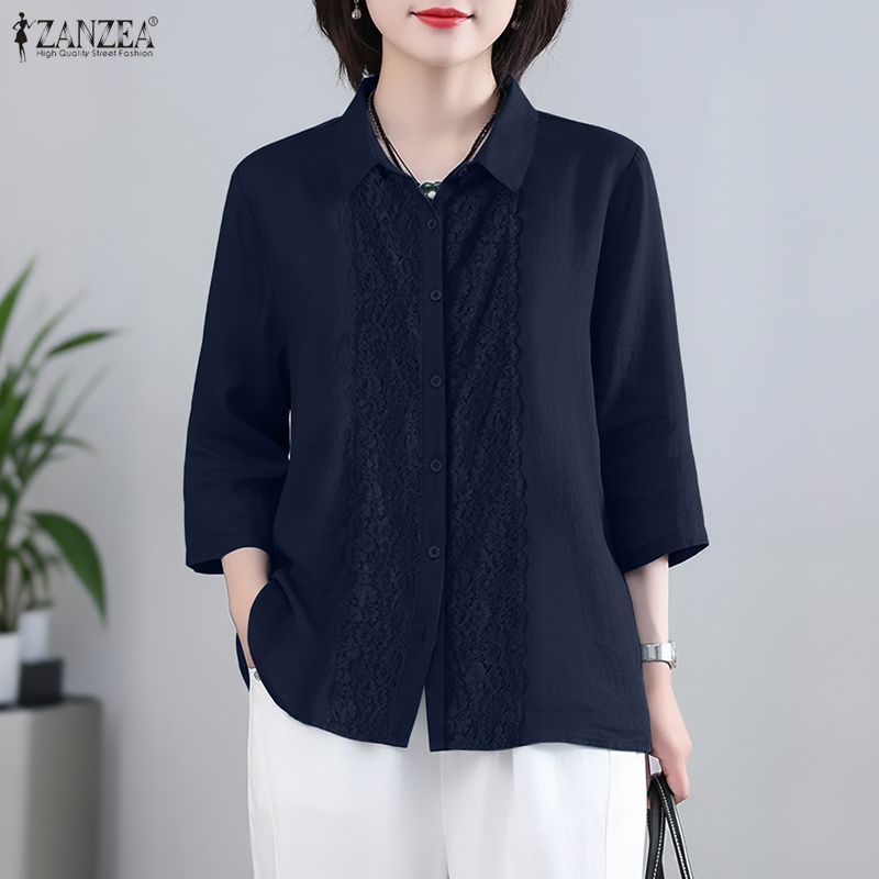 ZANZEA ผู้หญิงเกาหลี Elegant Chic Turn-Down-Collar 3/4 แขนลูกไม้ Splicing ปุ่มลงเสื้อ — صورة 4