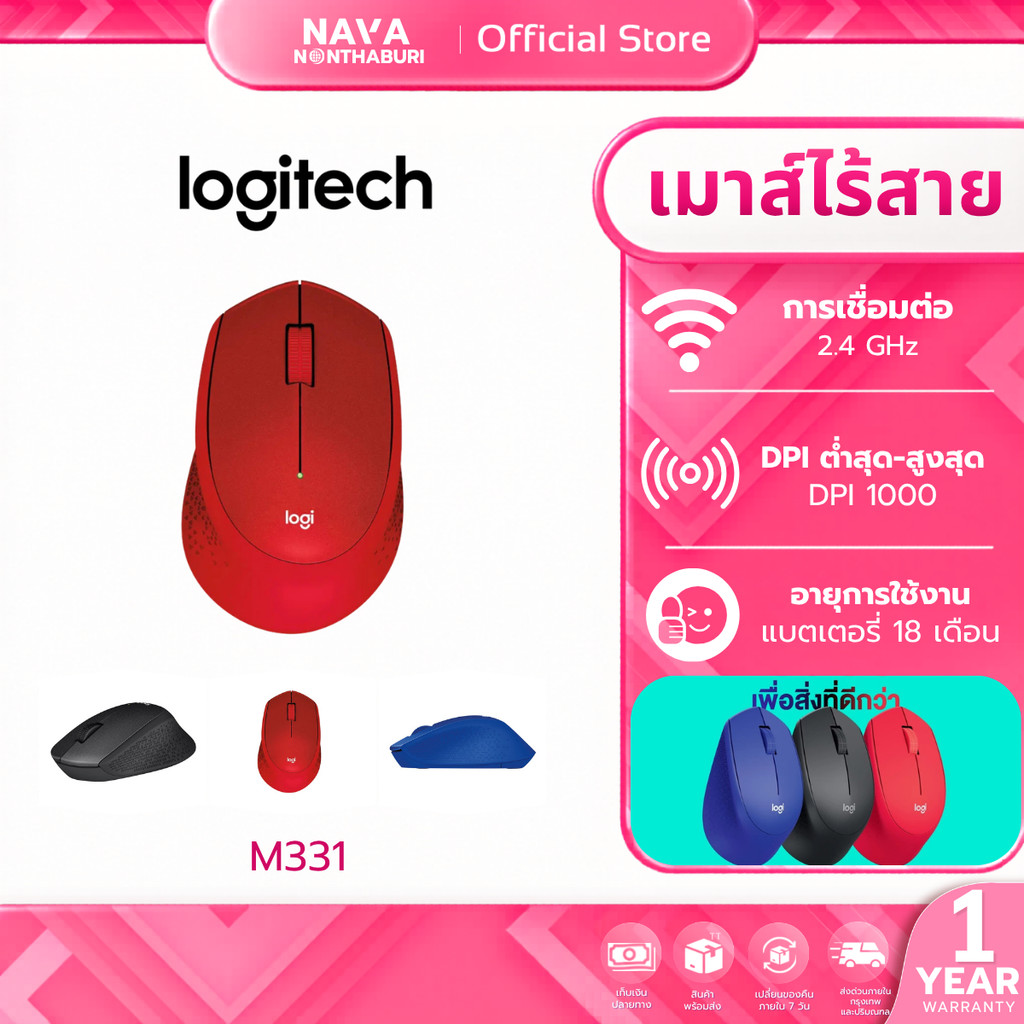 LOGITECH M331 เม้าส์ไร้สายไร้เสียง RED WIRELESS SILENT PLUS CORDLESS MOUSE (แพคเกจใหม่)