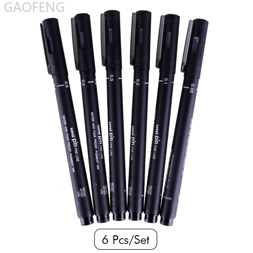 GAOFENG 6PCS Uni Pin Drawing Pen Fine Line 005 01 02 03 05 08 ปากกาเข็ม B9W4