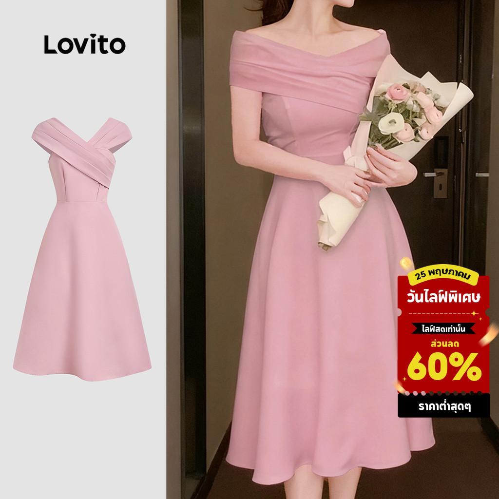 (NEW) Lovito ชุดเดรสหรูหรา ผ้าพับลายฤดูใบไม้ผลิ/ฤดูร้อน สีชมพู สำหรับผู้หญิง L155ED217