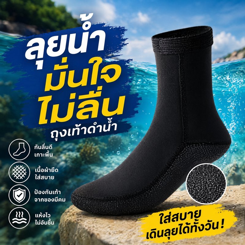 ถุงเท้าดำน้ำ นีโอพรีน กันลื่น ยืดหยุ่น อบอุ่น ดำน้ำตื้น ว่ายน้ำ โต้คลื่น ชายหาด ป้องกันเท้า
