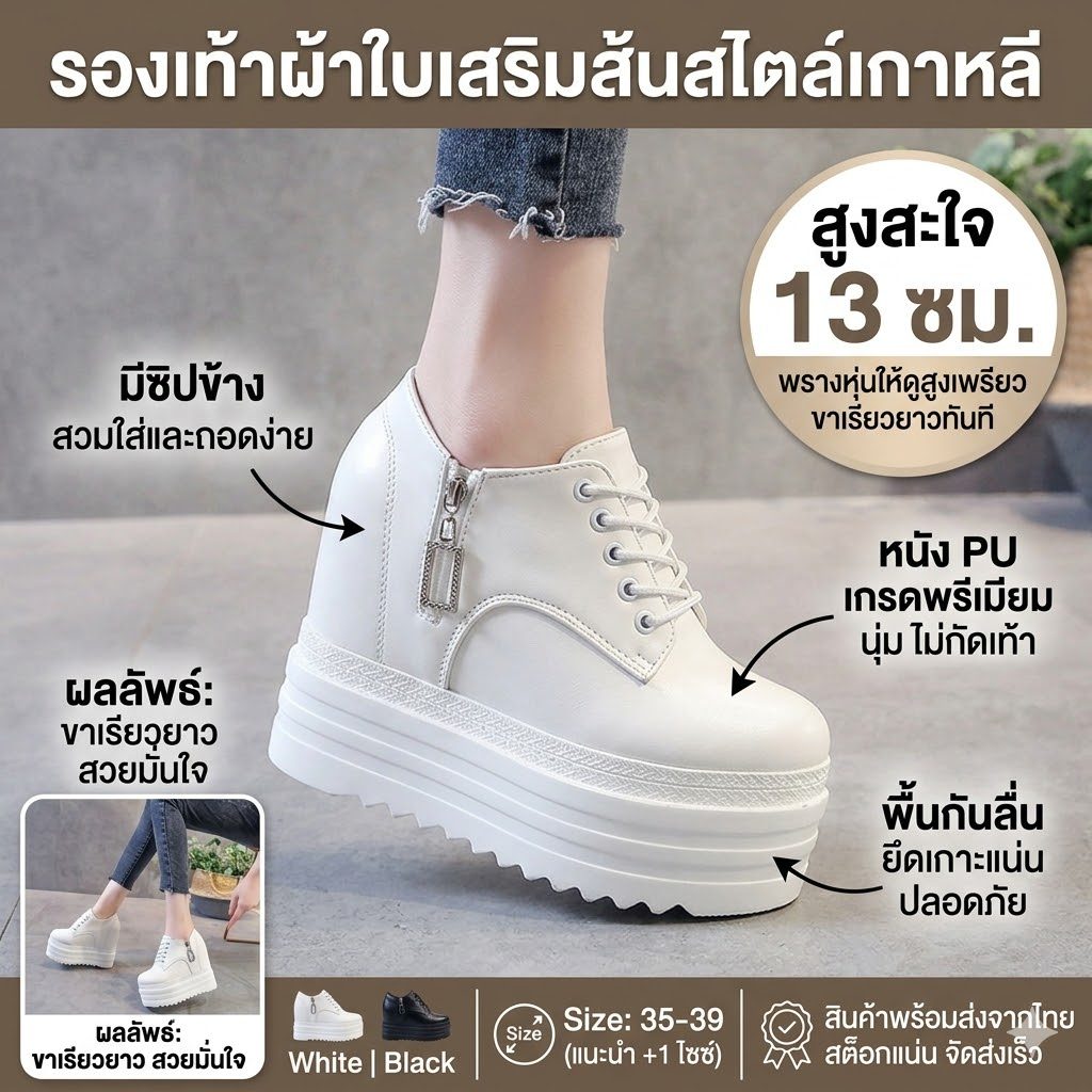 ส้นหนา 13 ซม. รองเท้าผ้าใบเสริมส้นผู้หญิง
